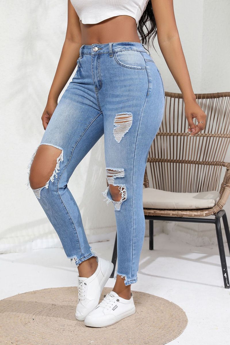 Jeans décontractés pour femmes, style hip hop, Slim, déchiré, trous aux genoux, Vintage, pompon, taille moyenne, pantalon féminin de haute qualité