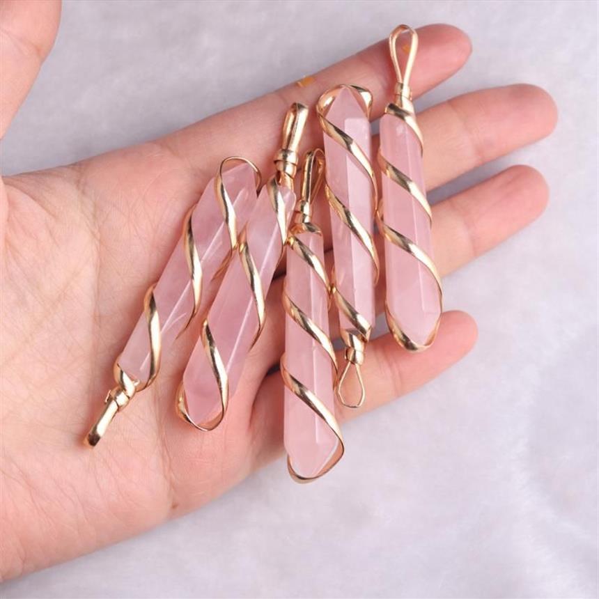 Pendant Necklaces Natural Energy Healing Gemstone Hexagonal Crystal Pointed Rose Quartz Wire Wrapped For Women Girls202f