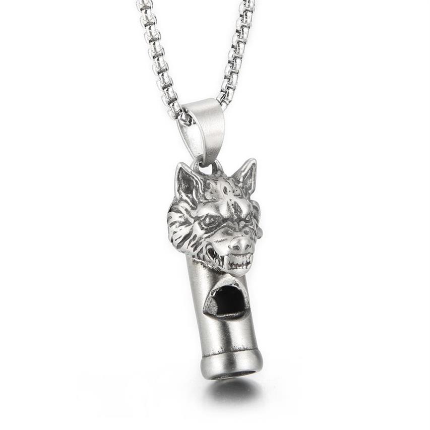 Gothic Wolf Head Whistle Necklace Pendant Casting rostfritt stål Rolo -kedje smycken för män pojkar coola gåvor silver polerad blin343q