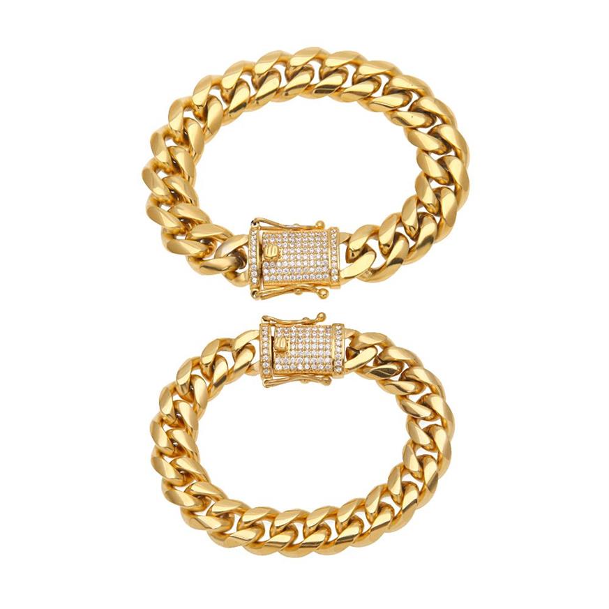 12mm 14mm Cz Curb Cuban Link Pulseira de Aço Inoxidável Banhado A Ouro Prata Hiphop Micro Pavimentada Cz Mens Miami Bangle 7 polegadas 8 polegadas J1907260Y