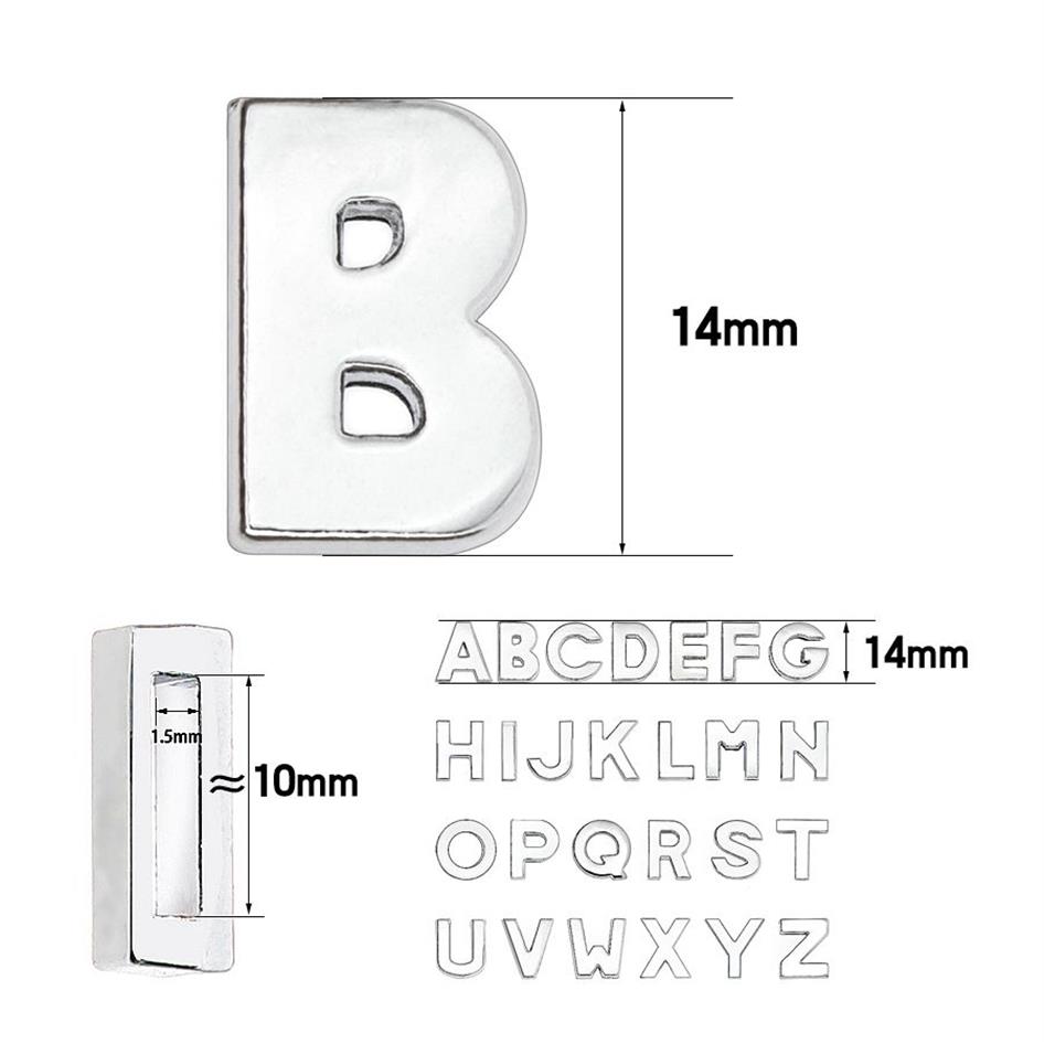 / lote 10mm letra de slide simples A-Z cor prata cromo diy encantos alfabeto inglês apto para 10mm pulseira de couro chaveiros272S