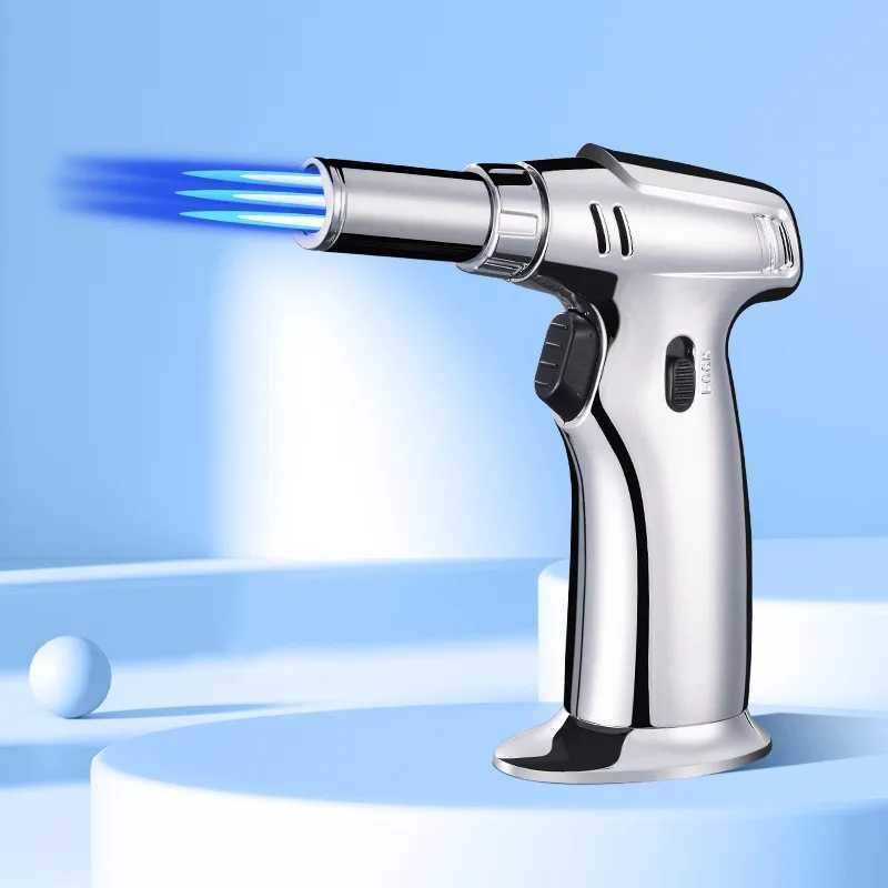 New Three Flame 1300° Melting Point Butane No Gas Lighter 360° Use Blue Spray Gun Outdoor Camping BBQ Kitchen Cigar