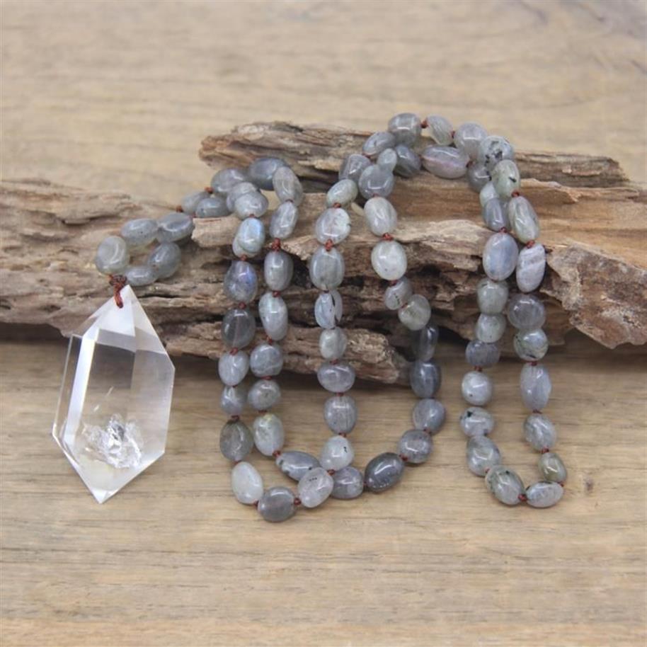 Colares de pingente Handmade Nó Colar Natural Labradorite Nugget Chip Beads Cristal Quartzo Ponto Duplo Pingentes Mala Yoga Jewe335d