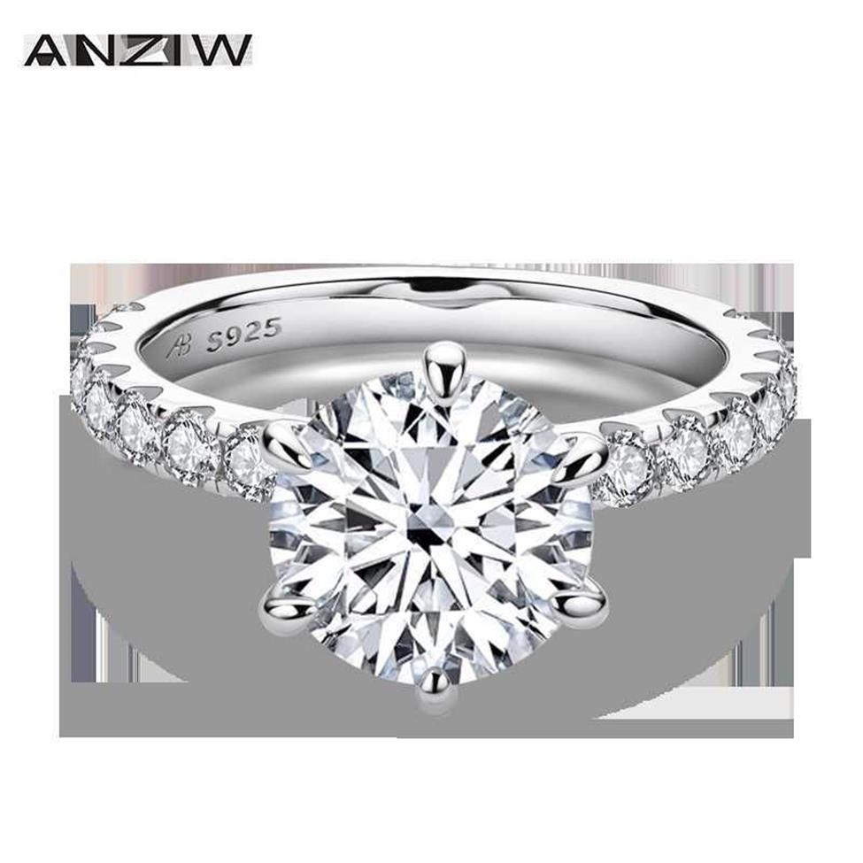 Anziw 925 prata esterlina 4ct anel de corte redondo para mulher 6 pontas simulado diamante noivado anel de banda de casamento jóias2633