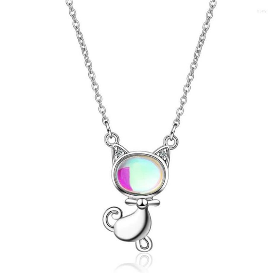 Pendant Necklaces Personality Moonstone Animal Silver Plated Jewelry Sweet Cat Playful Kitten Crystal Women XZN056279k