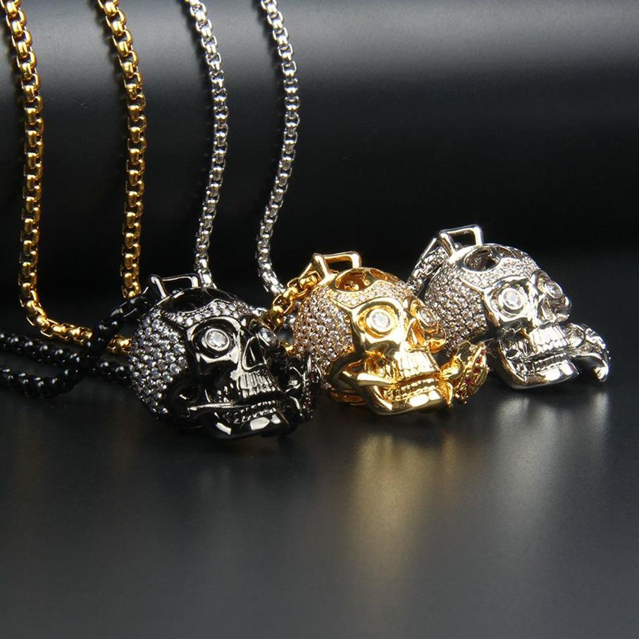 Clear CZ Rose Skull Necklace Fashion Rostfritt stål smycken gåva hänge metall länk kedja parti män 26x21mm227q