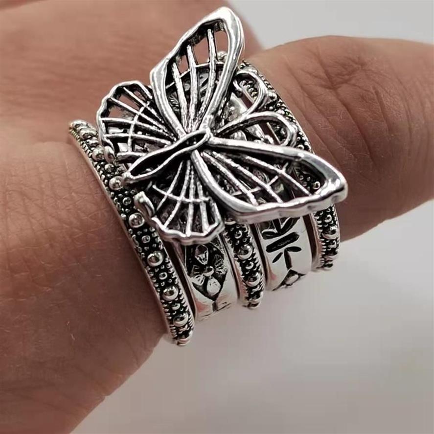 Cluster Rings set Of Retro Fashion Hip-hop Ring Set Butterfly Multi-layer Couple Trend Personality Female Size 5#-10#250O