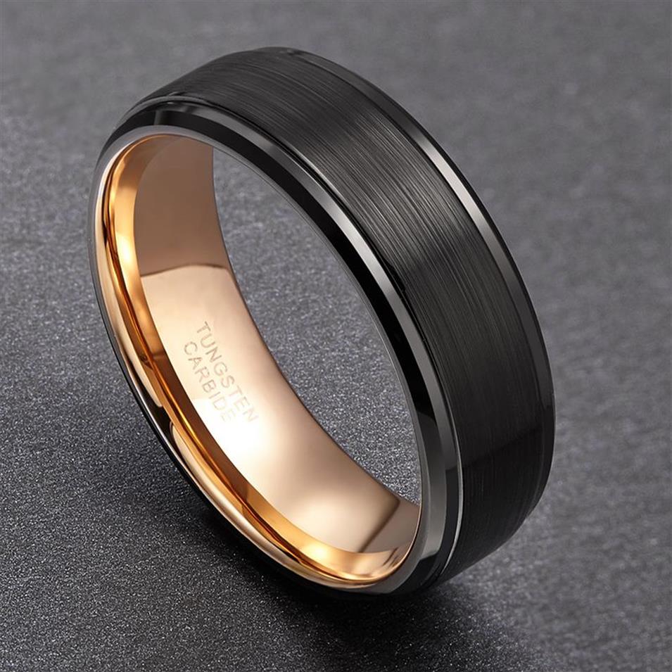 Somen Ring Männer 8mm Schwarz Wolframcarbid Ring Gebürstet Gold Inlay Männlich Vintage Ehering Verlobungsringe anillos hombre Y1128280J