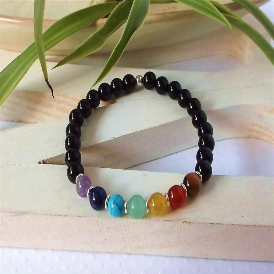 Fili di perline 7 Chakra Bracciale in pietra di onice nero Guarigione spirituale gioielli da donnaBeaded254V