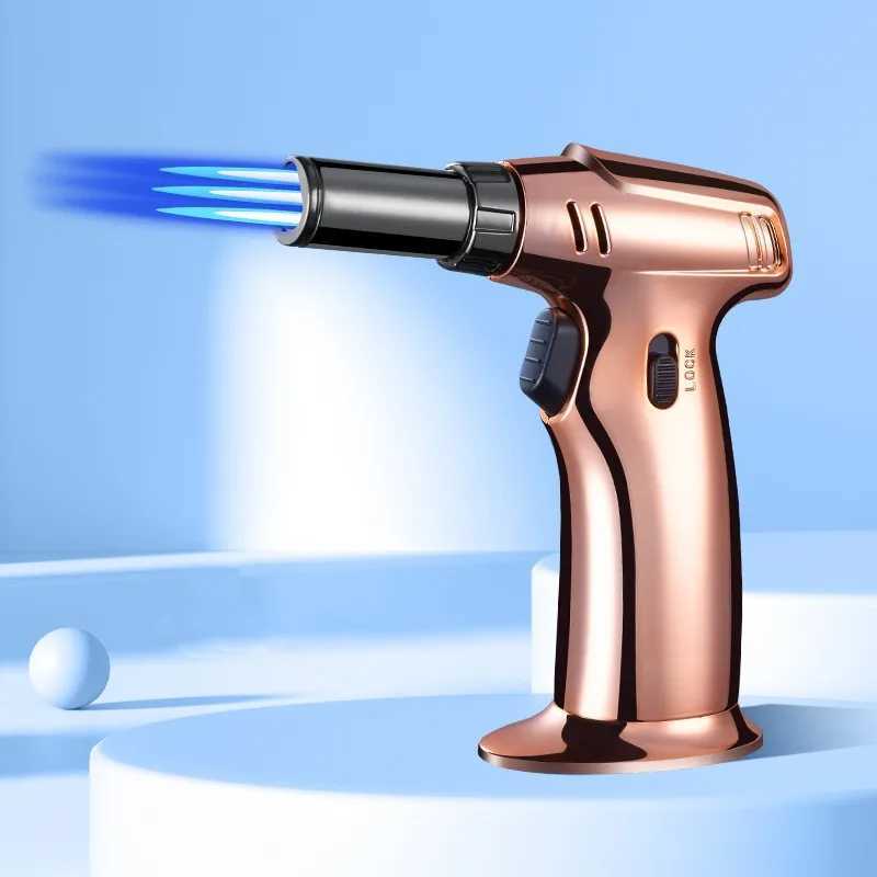 New Three Flame 1300° Melting Point Butane No Gas Lighter 360° Use Blue Spray Gun Outdoor Camping BBQ Kitchen Cigar