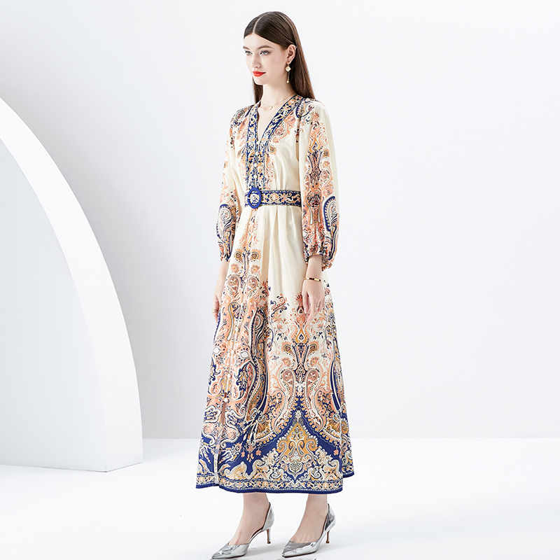 عتيقة Paisley Floral Party Boho Maxi Dress Woman Designer V-Neck High Weist Vacation Elegant Fructes Robe 2023 Spring Fall Fashion Runway Long Sleeve Frocks