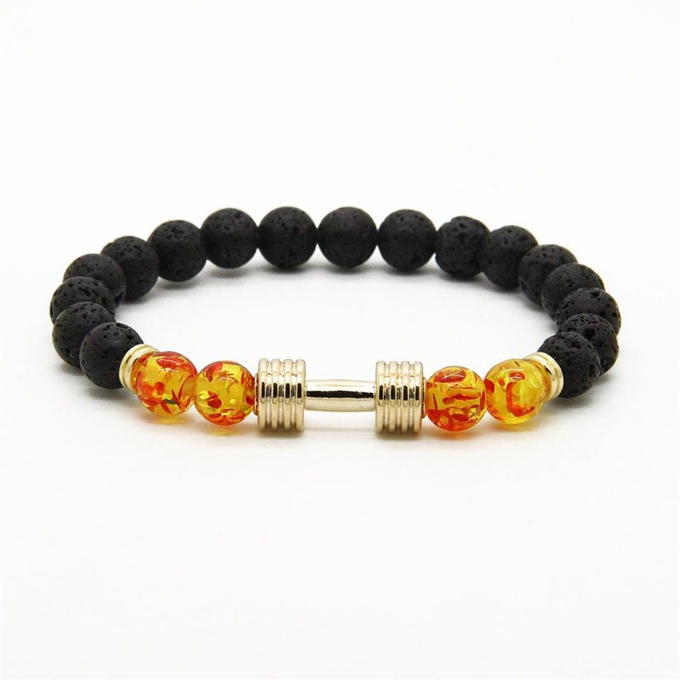 Erkek Bilezikler Yepyeni Tasarımlar Metal Yeni Barbell 8mm Amber Boncuklar Lava Rock Stone Fitness Moda Dumbbell Bracelets261b