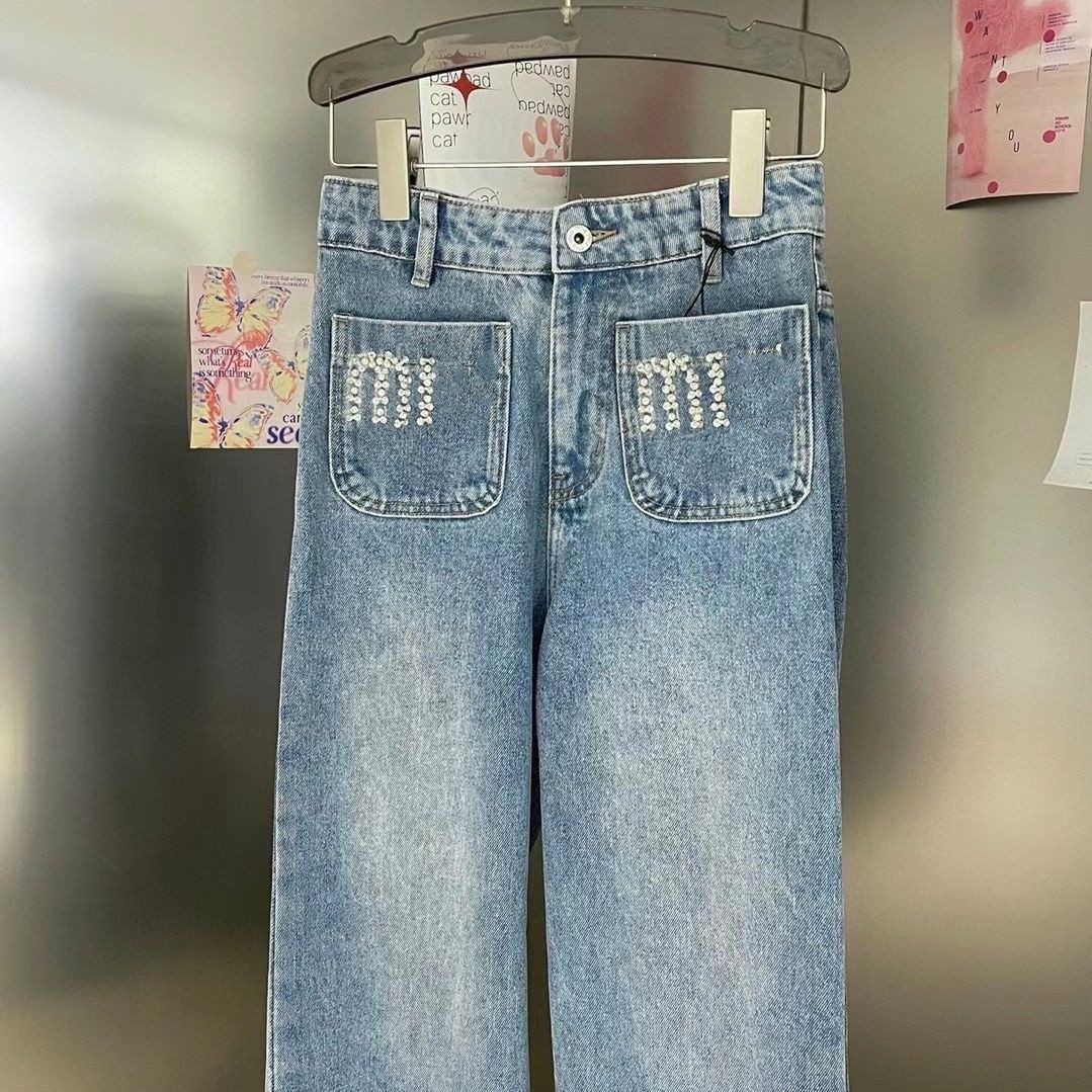 Jeans denim da donna di nuovo design a vita alta con lettere larghe che bordano pantaloni lunghi SMLXLXXL