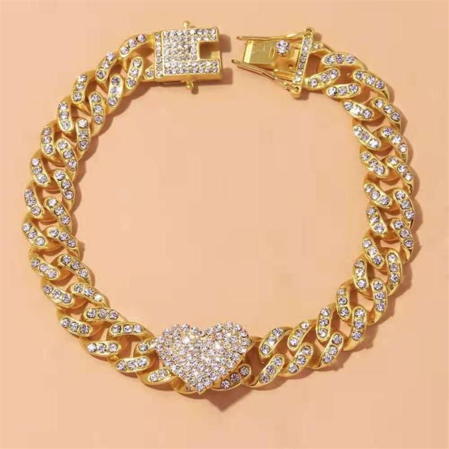 Tobilleras VCU Chunky Iced Out Miami 12 mm Tobillera cubana Forma de corazón para mujer Playa Rhinestone Amor Colgante Pulsera Cadena de pie Roya22215p