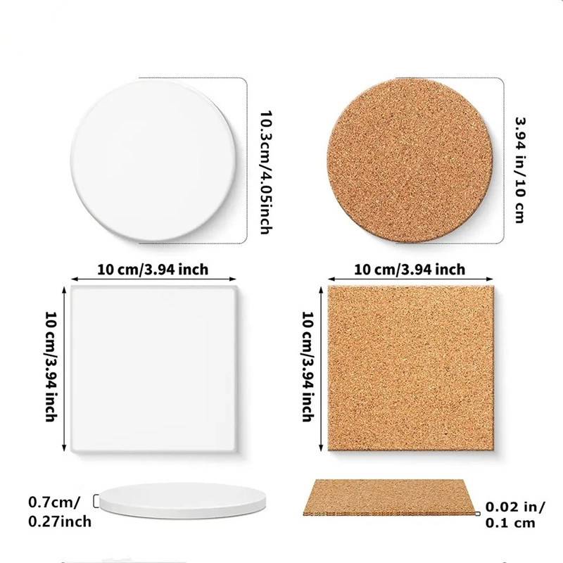 Dessous de verre en céramique absorbant vierge par sublimation avec coussinets de support en liège, tapis de transfert de chaleur thermique, dessous de verre d'image DIY pour décorer la maison, boire de la sueur