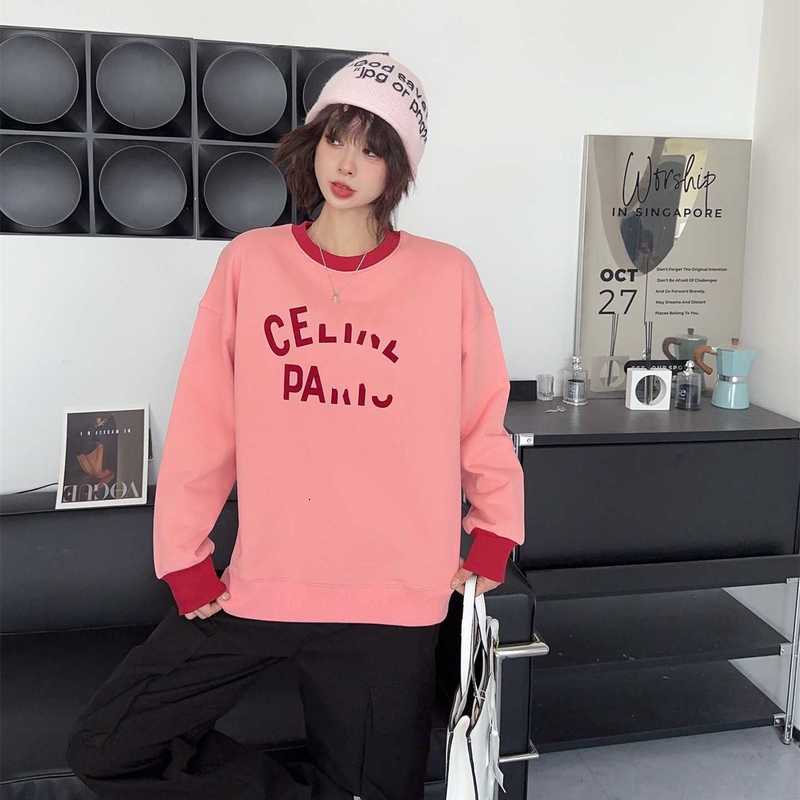 Women`s Hoodies & Sweatshirts Designer Brand Color Contrast Letter Pink Sweater Korean Edition Loose Straight Tube Thread Loop Cotton Drop Shoulder FYIU