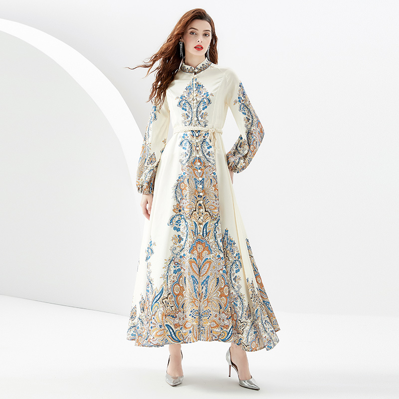 Woman Runway Designer Boho Maxi Dress Robe Long Sleeve Mock Neck Slim Party Paisley Floral Vintage Dresses 2023 Spring Fall Chic Elegant Lace Up Waist Vacation Frocks