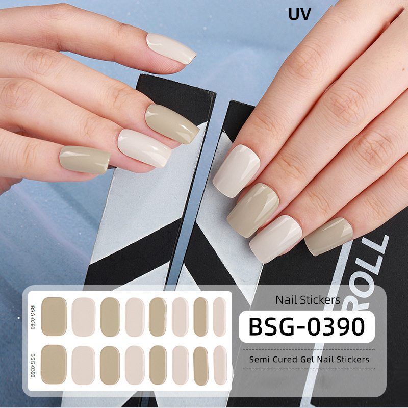 Fast färg Semi-Cured UV Gel Nail Stickers Anpassade nagellack Glue Nail Stickers
