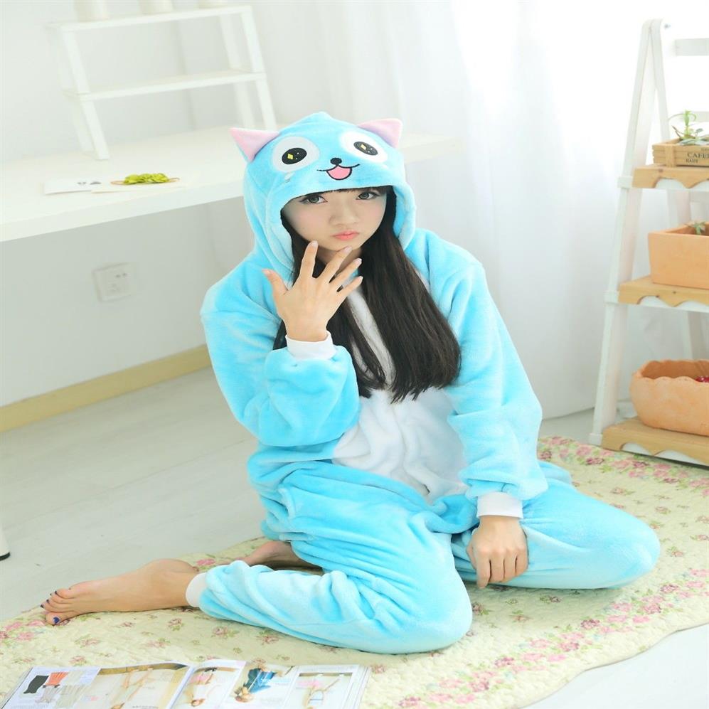 Flannel anime Fairy Tail Happy Cat Onesie Dorosły dzieci Cartoon Cosplay Cosplay Kobiety Kobiety Pajamas Dorosły Blue Cat Oneies Scossuit277k