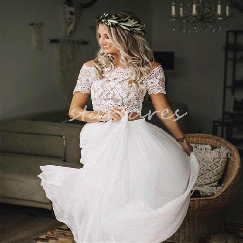 Grazioso abito da sposa Boho in due pezzi a maniche corte con top in chiffon di pizzo e spiaggia, abito da sposa 2024 con bottoni sul retro, stile country, abito da sposa bohémien civile Gatsby Mariage