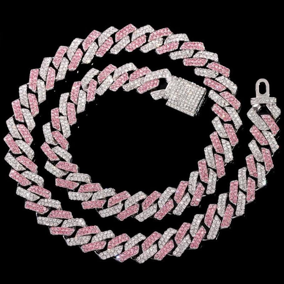 Chains HipHop Pink Crystal 14MM Rhombus Prong Cuban Link Chain Necklace For Women Full Rhinestones Pave Iced Out JewelryChains273l