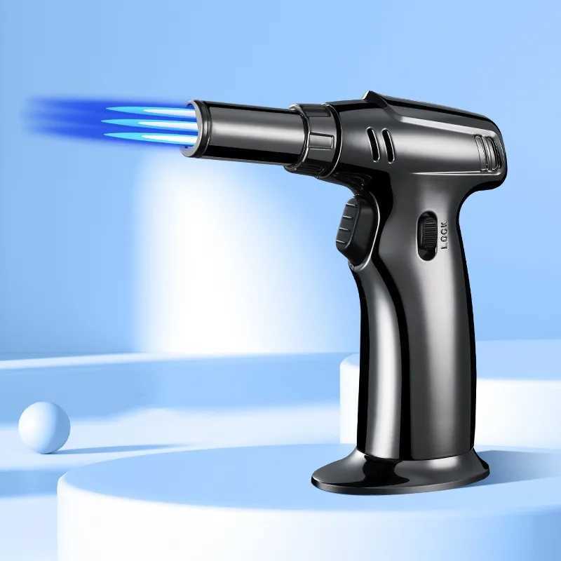 New Three Flame 1300° Melting Point Butane No Gas Lighter 360° Use Blue Spray Gun Outdoor Camping BBQ Kitchen Cigar