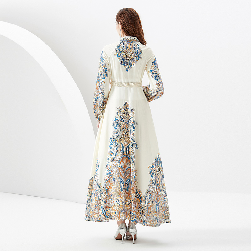 Woman Runway Designer Boho Maxi Dress Robe Long Sleeve Mock Neck Slim Party Paisley Floral Vintage Dresses 2023 Spring Fall Chic Elegant Lace Up Waist Vacation Frocks