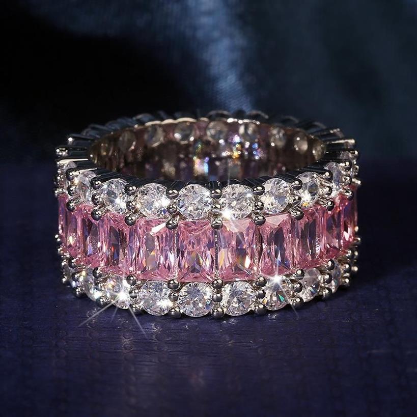 Klaster Pierścienie Eternity Pink Sapphire Diamond Pierścień 925 Srebrny Srebrny Bijou zaręczyny Wedding For Women Bridal Fine Party JE3043