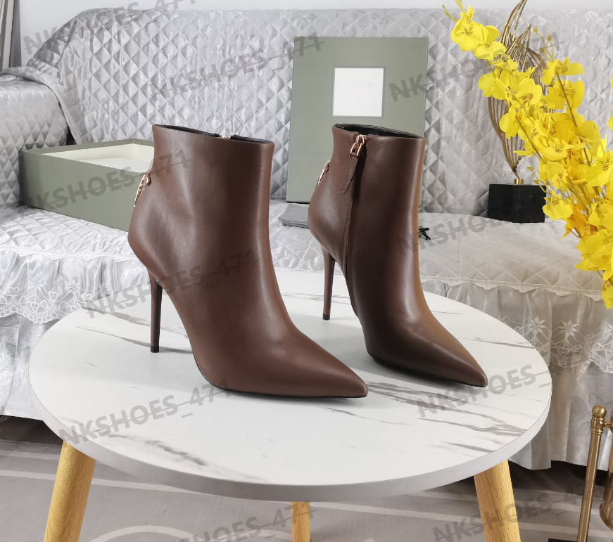 Designer Boots High Quality Pointed Toe Women Short Boots Fashion Brand Spring and Autumn Calf Leather Pointed Toe Stiletto Heel Side Zipper Classic Martin Boots