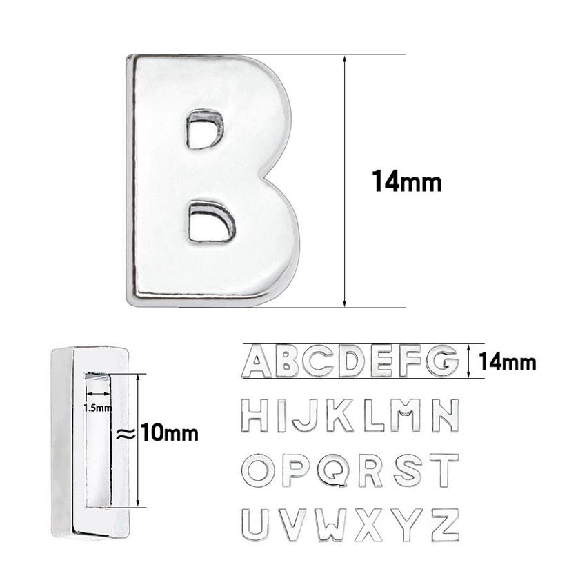 10mm Plain Slide letter A-Z zilver kleur chroom diy charms Engels alfabet geschikt voor 10MM lederen polsbandje sleutelhangers239w