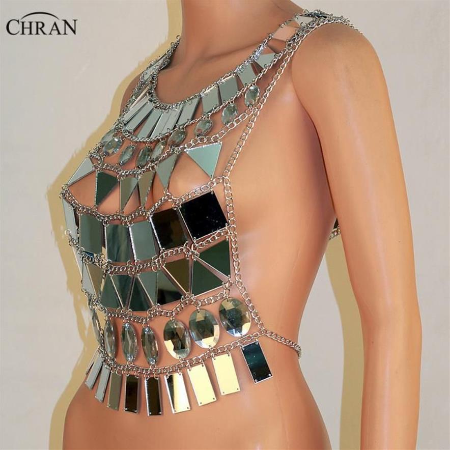 Chran Specchio Perspex Crop Top Catena di posta Reggiseno Collana allacciato al collo Body Lingerie Metallico Bikini Gioielli Burning Man Accessori EDM Cha2823