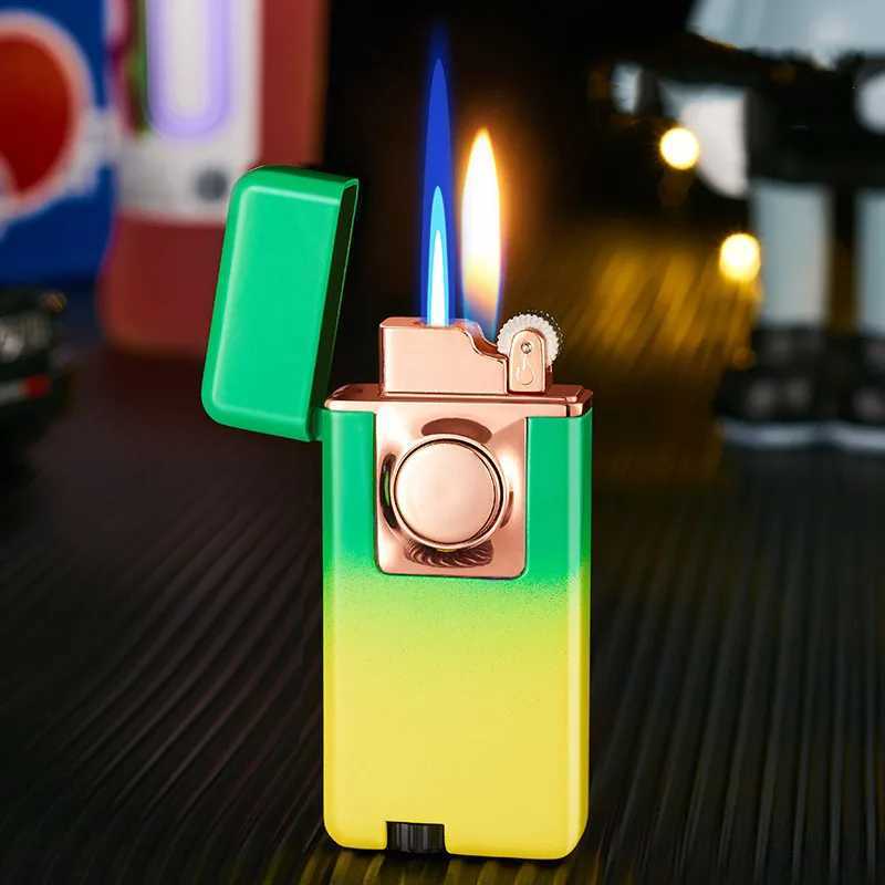 Metal Outdoor Windproof Double Flame Conversion Butane No Gas Lighter Turbine Torch Blue Jet Press Switch Ignition