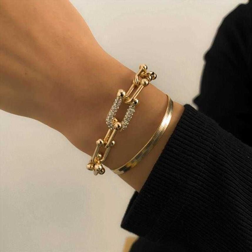 Kedjelänkkedja kristall u-formad spänne metall armband armband uttalande guld silver färg länk mode pulseras kvinnor bijoux gåva244j