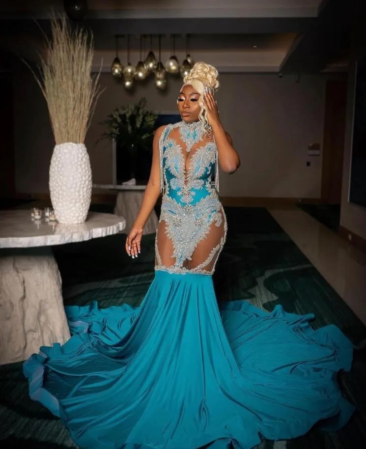 Elegant Blue Trumpet Long Prom Dress for Women Luxury Crystal Applique Black Girl Birthday Queen Gown vestidos de gala 2024
