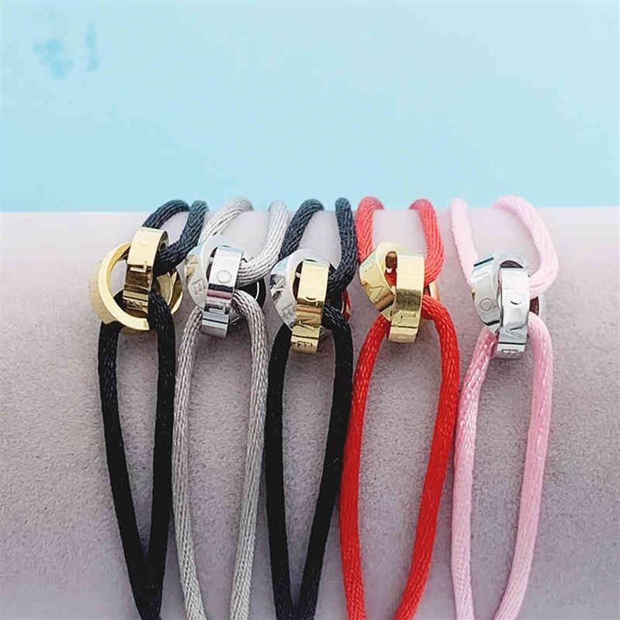 Bangle Designer högkvalitativ rostfritt stål Två cirkel korsade armband med justerbart rep för kvinnor män unisex kärleksbrev jud262o