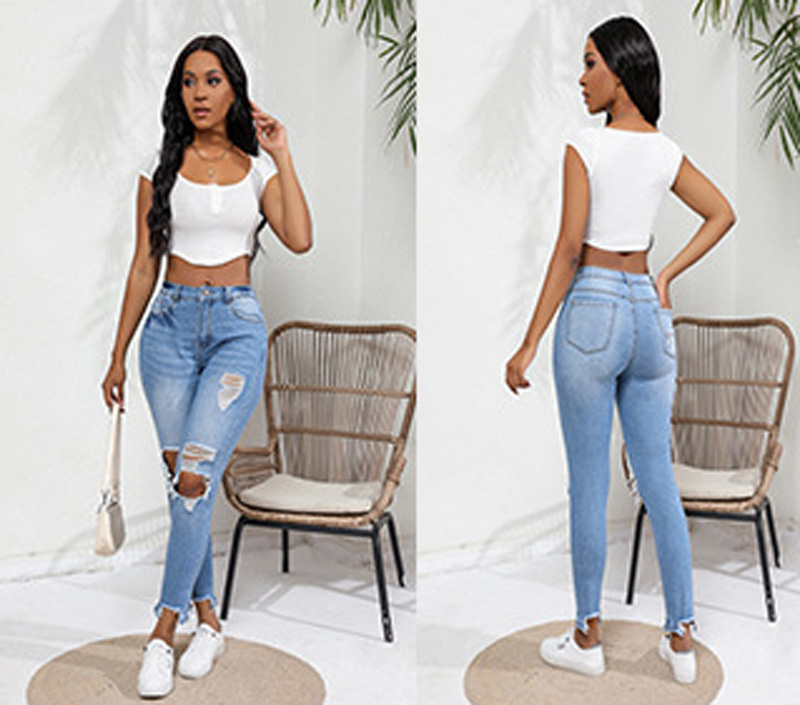 Mulheres casual jeans hiphop fino rasgado joelho buracos vintage borla branqueada cintura média ajuste calças femininas de alta qualidade