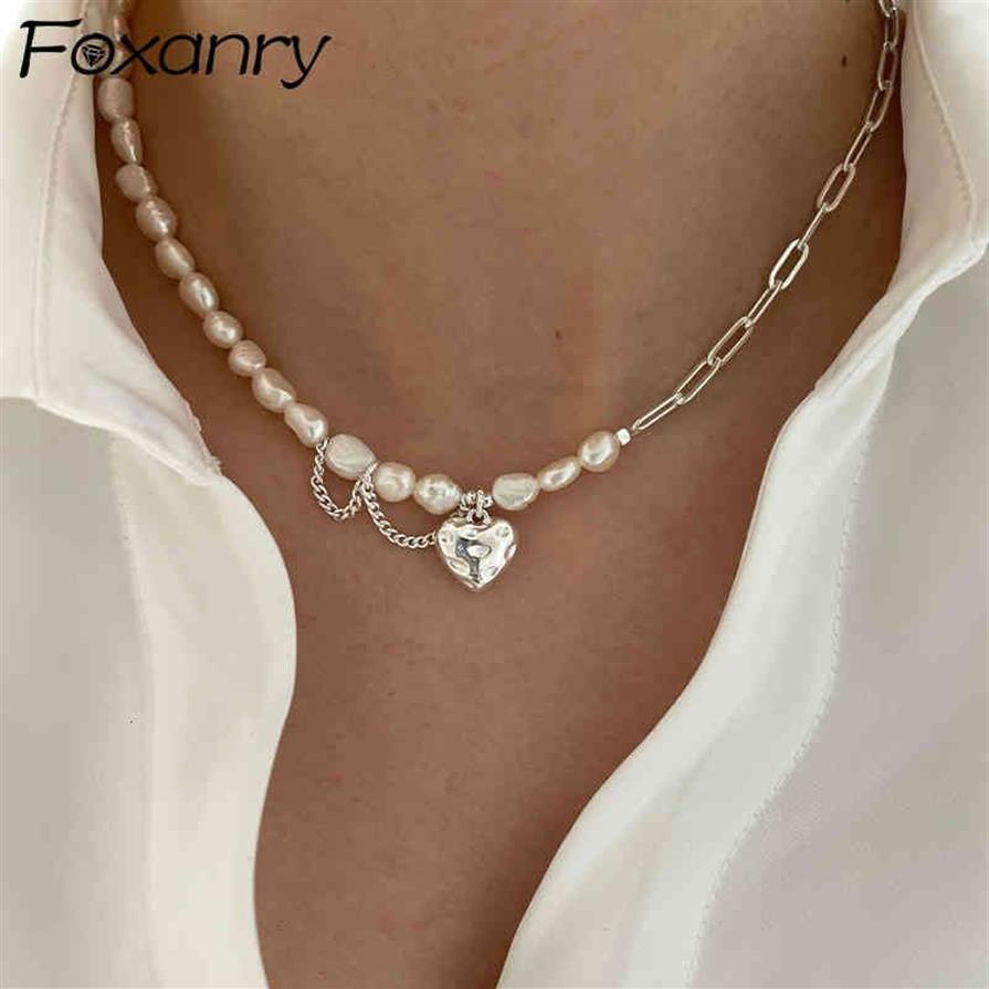Foxanry 925 Sterling Silver Necklace for Women Trendy Elegant Asymmetry Chain Pearls Smooth Love Heart Brud Smycken Lover Gifts308s