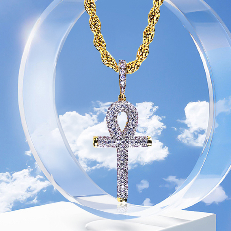 Hip Hop Rock Necklace Gold Color All Iced Out Micro Pave CZ Stone Ankh Pendant Necklaces With 60cm Rope Chain3625381