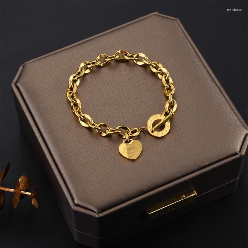 Bracelets à maillons en acier inoxydable pour femmes, couleur or, pendentif en forme de cœur, chaîne Punk, bijoux de Couple, Mujer273j