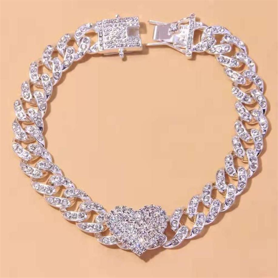 Tobilleras VCU Chunky Iced Out Miami 12 mm Tobillera cubana Forma de corazón para mujer Playa Rhinestone Amor Colgante Pulsera Cadena de pie Roya22215p