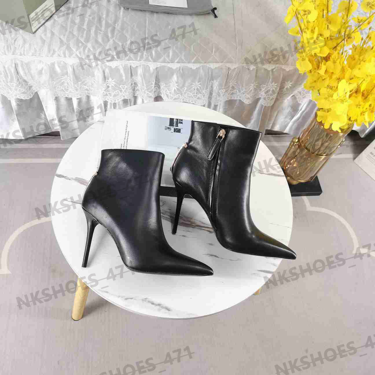 Designer Boots High Quality Pointed Toe Women Short Boots Fashion Brand Spring and Autumn Calf Leather Pointed Toe Stiletto Heel Side Zipper Classic Martin Boots