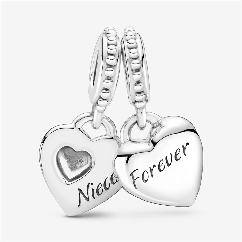 100% 925 Sterling Silver Tante Nièce Split Heart Dangle Charms Fit Original European Charm Bracelet Mode Femmes Bijoux Accesso297j