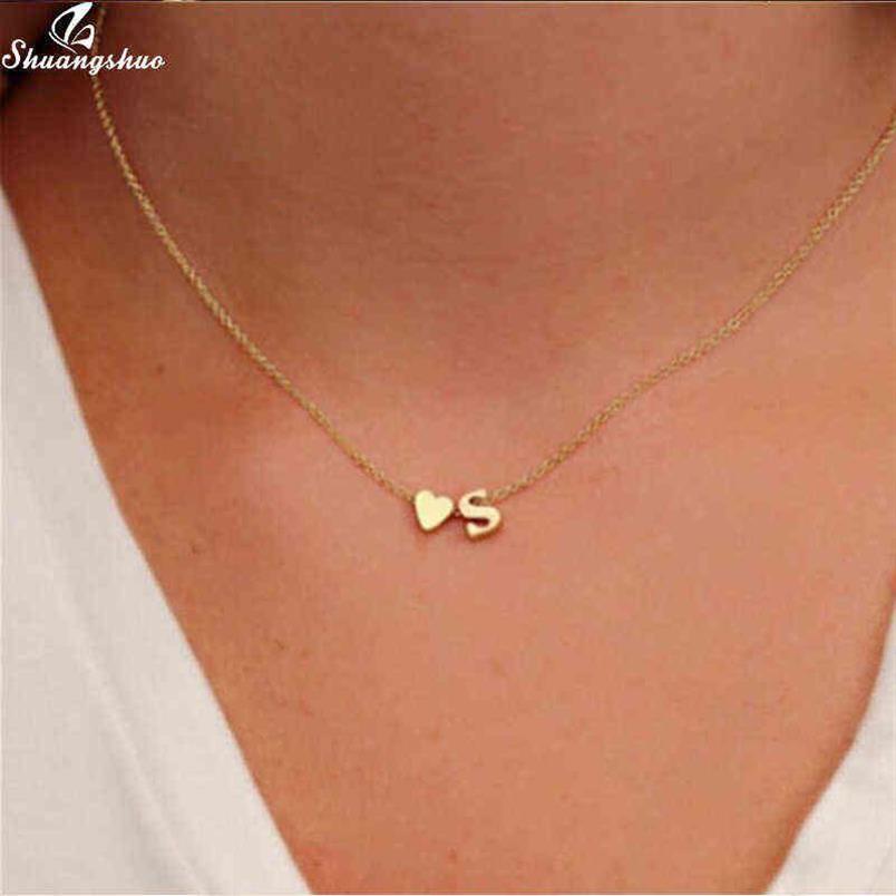 Shuangshuo Pequena Inicial S Bonito Mini Coração Gargantilha Colar Corrente Carta de Amor Pingente Mulheres Simples Feriado Collier Namorada Presente G182c