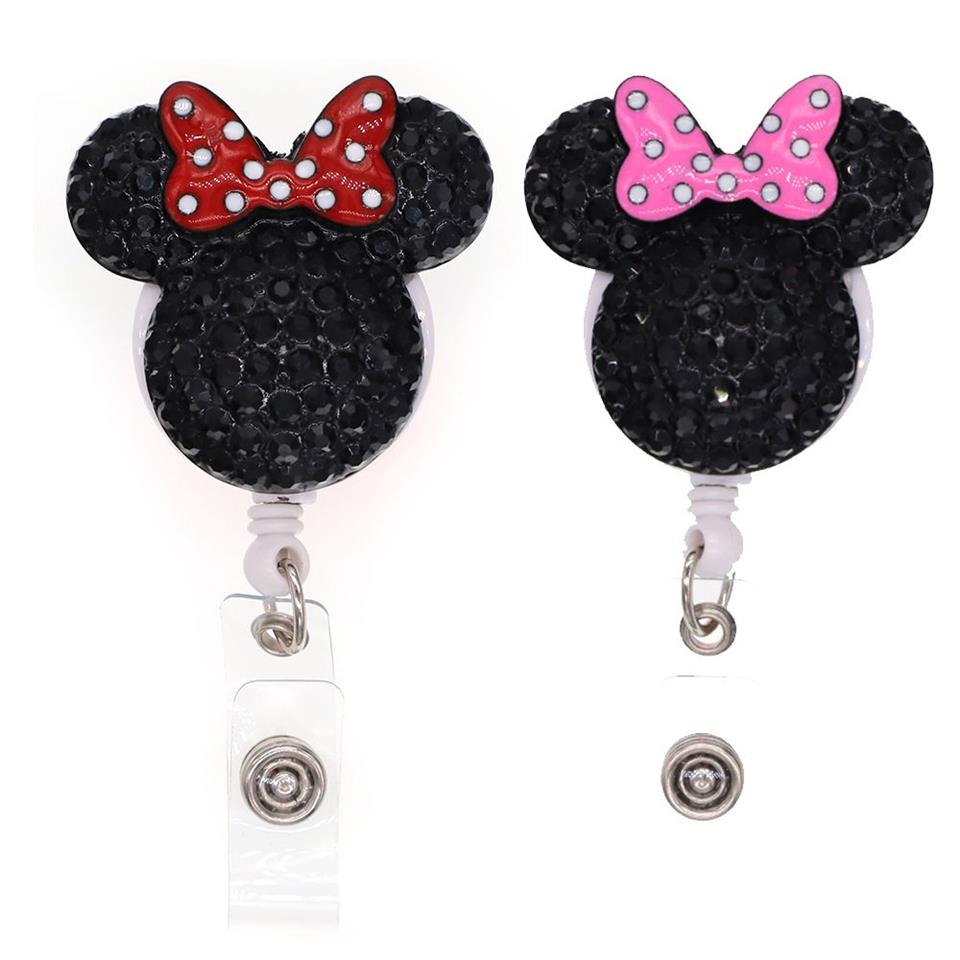 10 Unids / lote Lindo Llaveros Animal Rhinestone Cabeza de Ratón Titular de la Tarjeta de Identificación Retráctil Para Enfermera Nombre Accesorios Insignia Carrete Con Allig293w