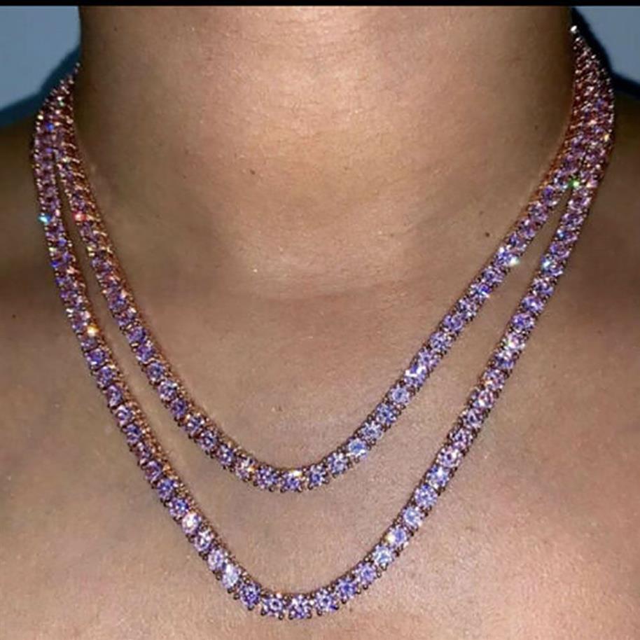 Solitaire 4 mm Collier de chaîne de tennis Rose Finish Finish Pink Lab Diamonds 16 '' 18 '' 1 Row Zirconia Diamonds Bling249l