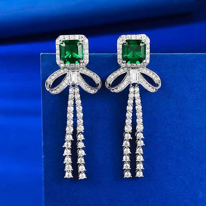 Bowknot Emerald Diamond Dingle Earring 100% Real 925 Sterling Silver Wedding Drop Earrings for Women Bridal Engagement Smycken