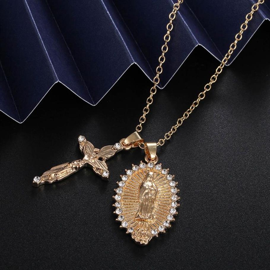 Mode katolsk Jesus Crucifix Cross Virgin Mary Pendant Necklace Religion Faith Clavicle Necklace232y