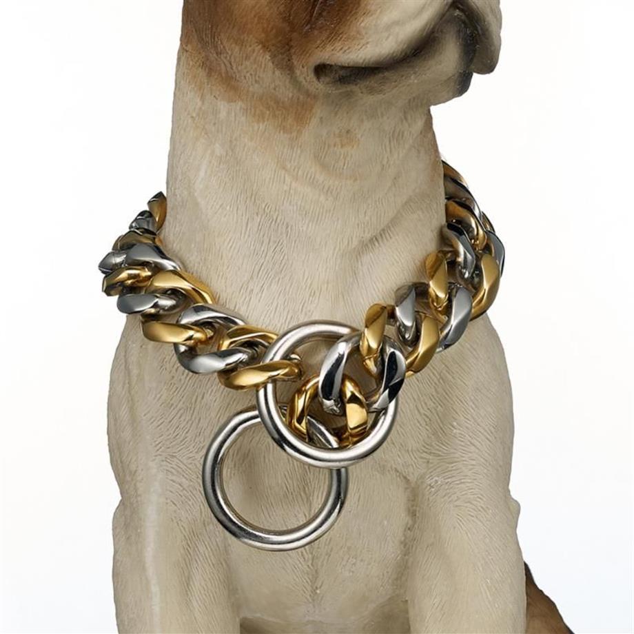 Cor do ouro de aço inoxidável grande cão pet colar segurança corrente colar curb cuba suprimentos inteiro 12-32 chokers233i