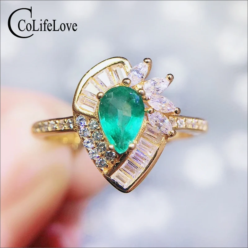 Colife Jewelry 925 Silver Emerald Ring for Party 0.4CT Natural Emerald Silver Jewelry Silver Emerald Ring Ring Gemstone Ring