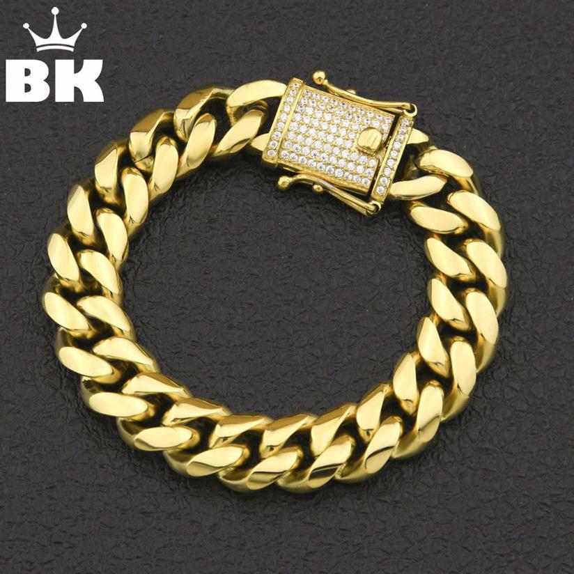 12mm 14mm CZ rostfritt stål Curb Cuban Link Armband Gold Silver Plated HipHop Micro Paled Cz Mens Miami Bangle 7inch 8inch J1907281U